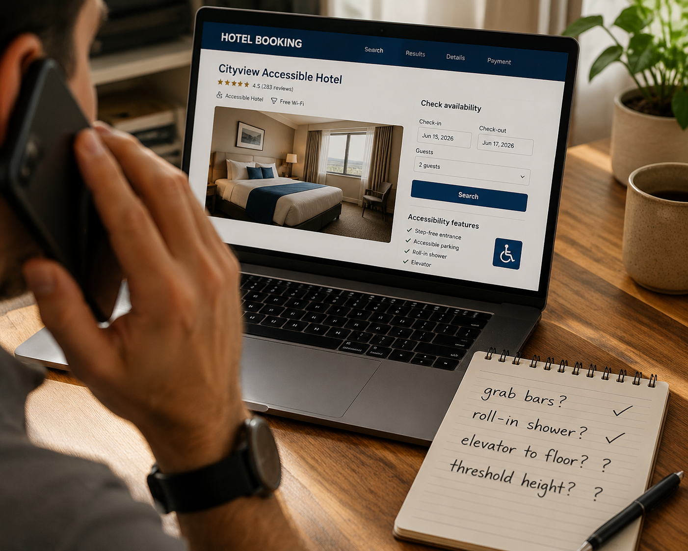 Person calling a hotel while reviewing a booking page and a notepad of accessibility questions