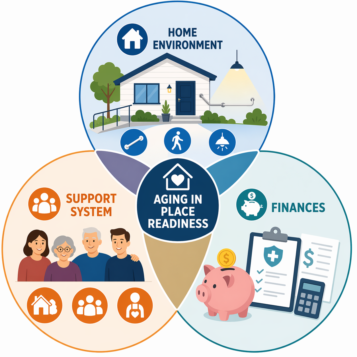 Three interlocking circles in a triangular layout represent the three readiness domains for aging in place: Home Environment (house icon with grab bars and clear pathways), Support System (connected people icons for family, community, and paid care), and Finances (piggy bank and insurance document icons). The overlapping center reads as 'Readiness.' Clean white background with soft blue and warm orange colors.