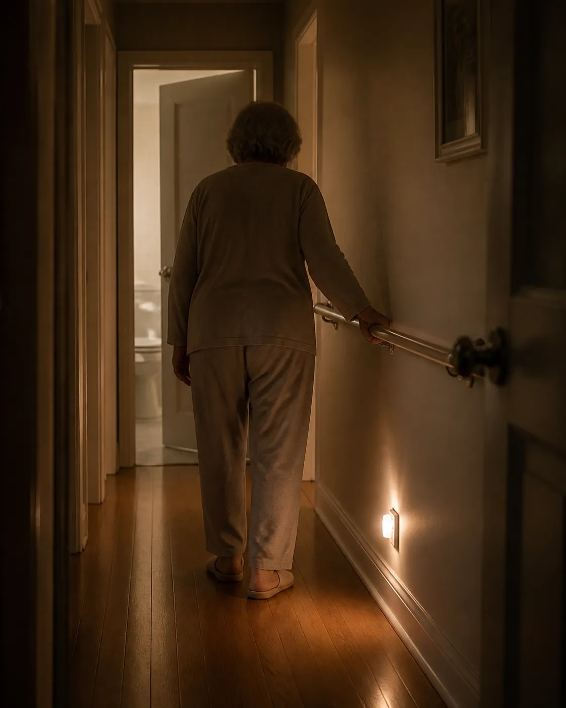Dim home hallway at night with a clear walking path, nightlight, grab bar near the bathroom doorway, and an older adult walking slowly