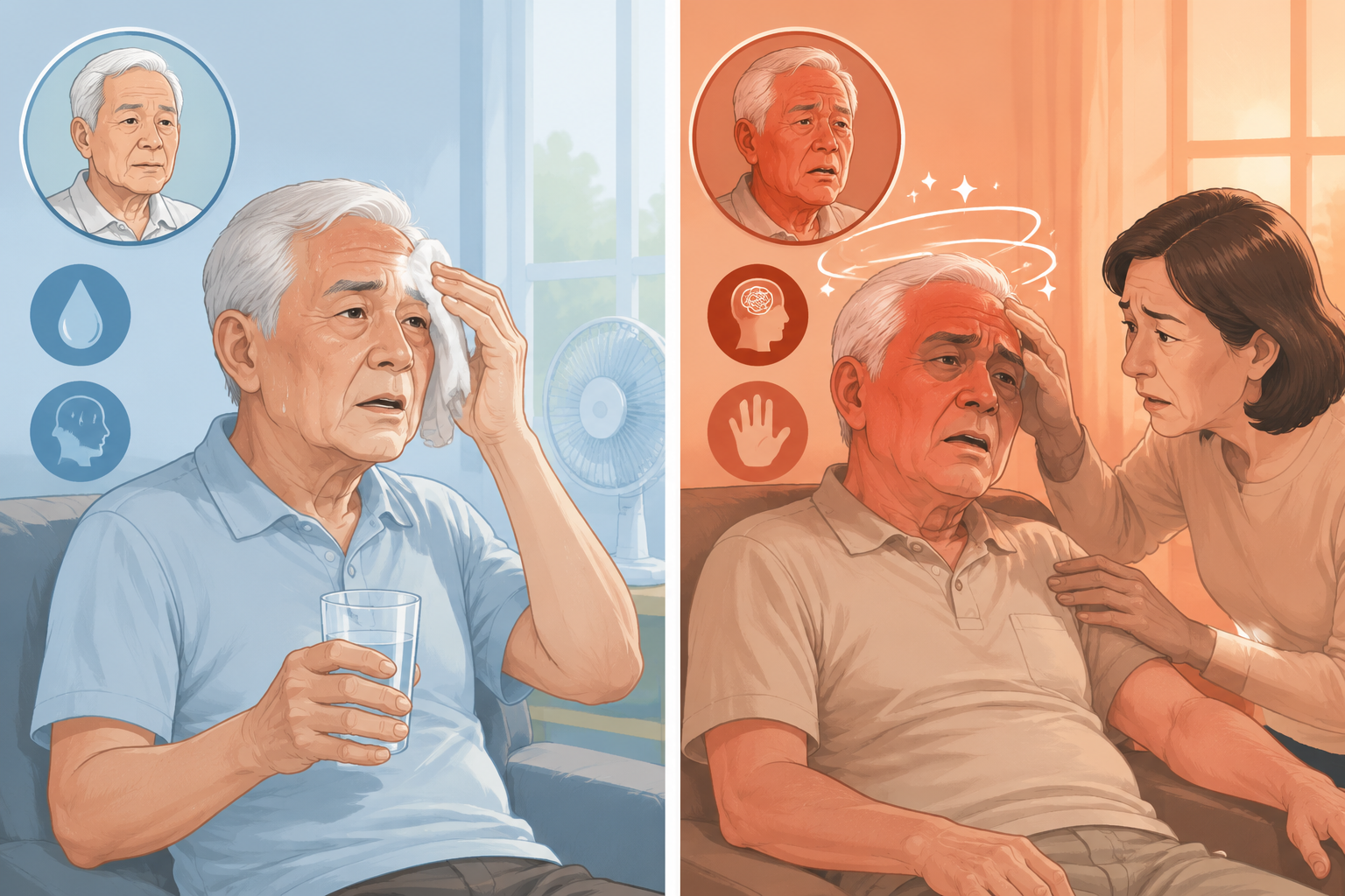 Side-by-side comparison of heat exhaustion and heat stroke symptoms in elderly adults