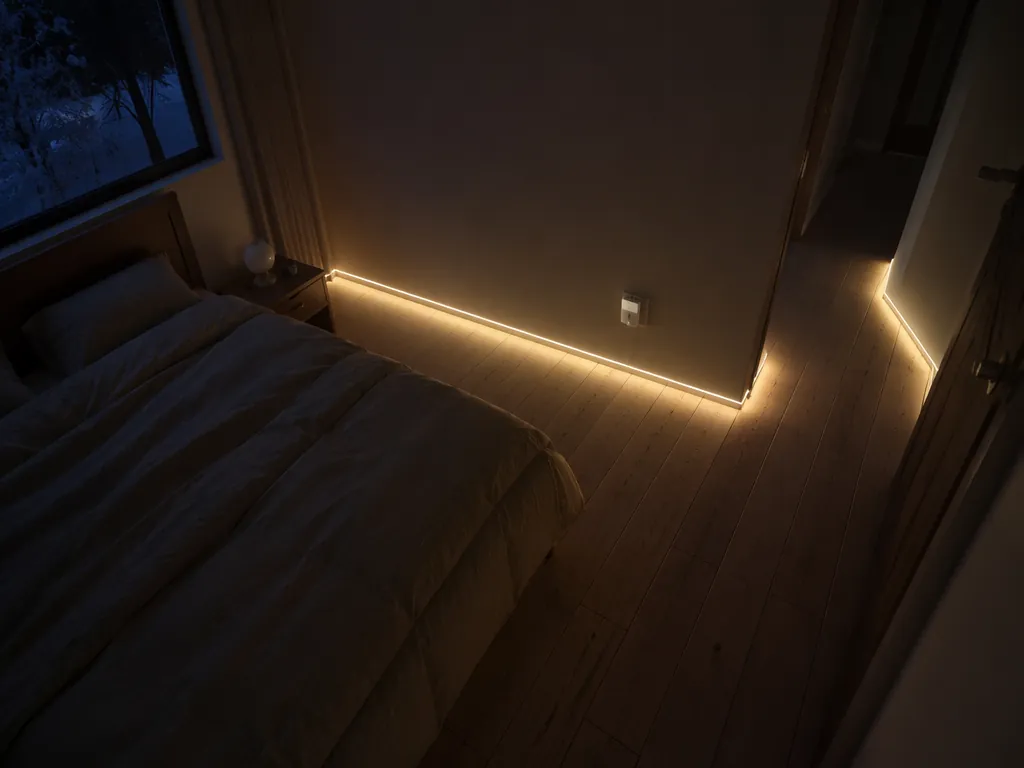 A warm LED strip along a bedroom baseboard marking a nighttime path from bed to doorway