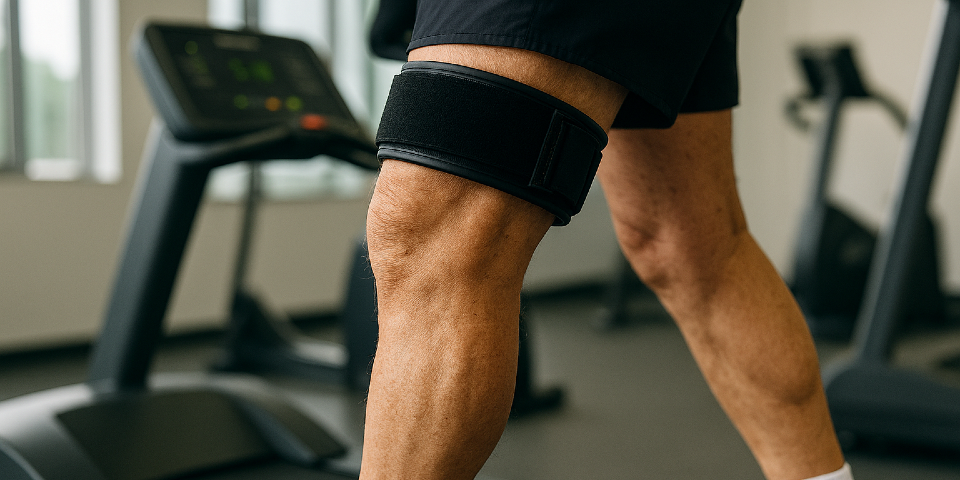 Older adult wearing blood flow restriction cuffs around both upper thighs in a clinical setting