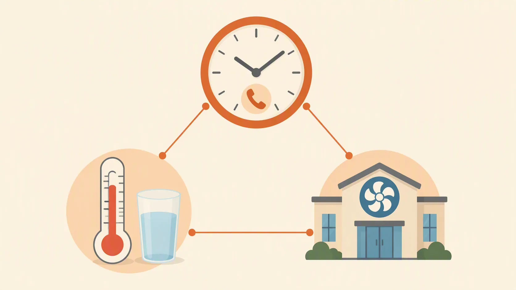 Diagram showing scheduled check-ins, self-monitoring, and a pre-arranged cooling location as a connected heat safety system