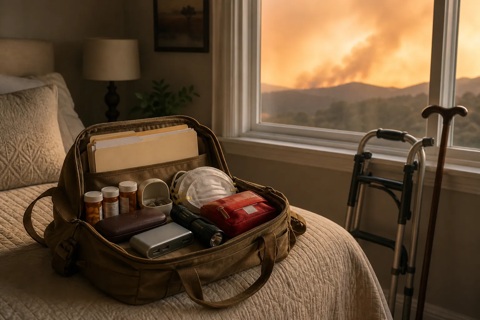 Emergency go-bag with pill bottles, glasses, hearing aid case, N95 masks, documents, flashlight, power bank, walker and cane near a smoky wildfire window