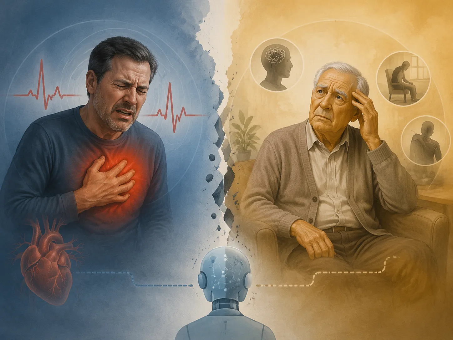Illustration comparing classic chest pain symptoms with subtle atypical symptoms in an older adult