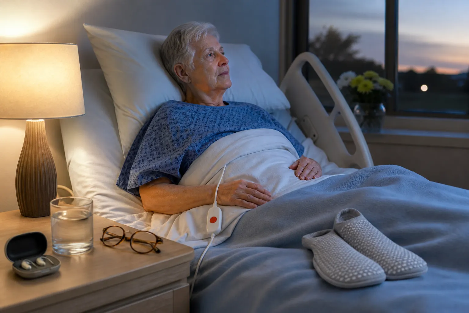 Older adult in a hospital bed with call bell, glasses, hearing aid case, water, and non-slip socks within reach