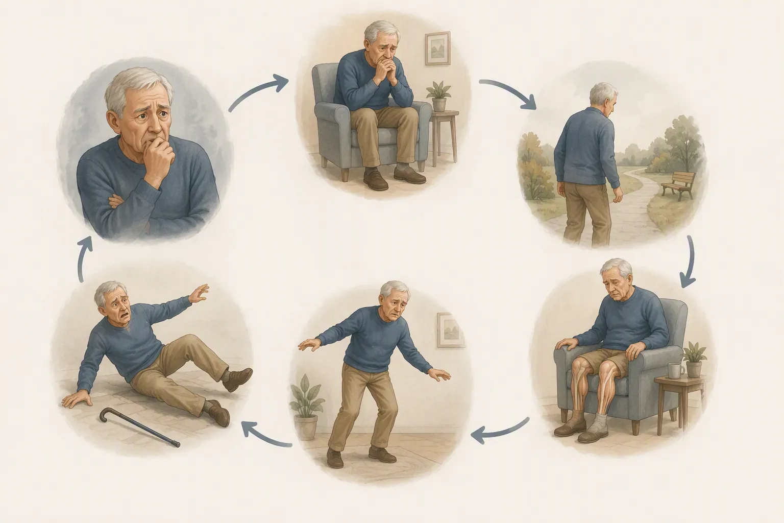 Illustration of fear, avoidance, weakness, imbalance, and falling as a repeating cycle