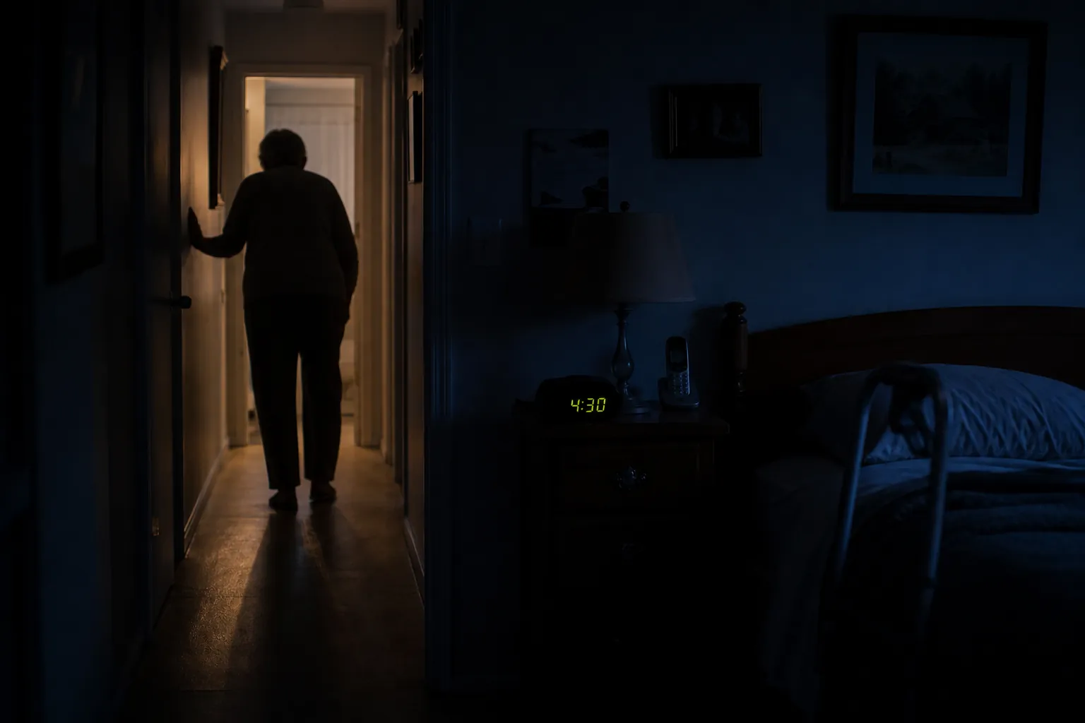 Dim early-morning hallway in a senior's home with an older adult walking toward the bathroom near a glowing 4:30 AM clock