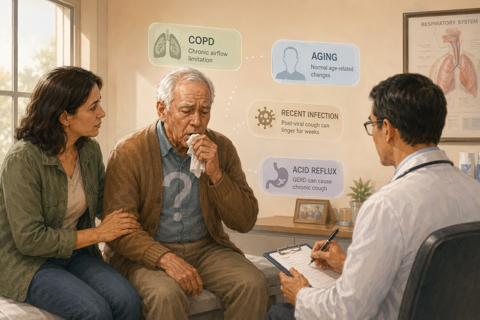 Older man coughing in an exam room with his adult daughter beside him as common explanations like COPD and aging float above