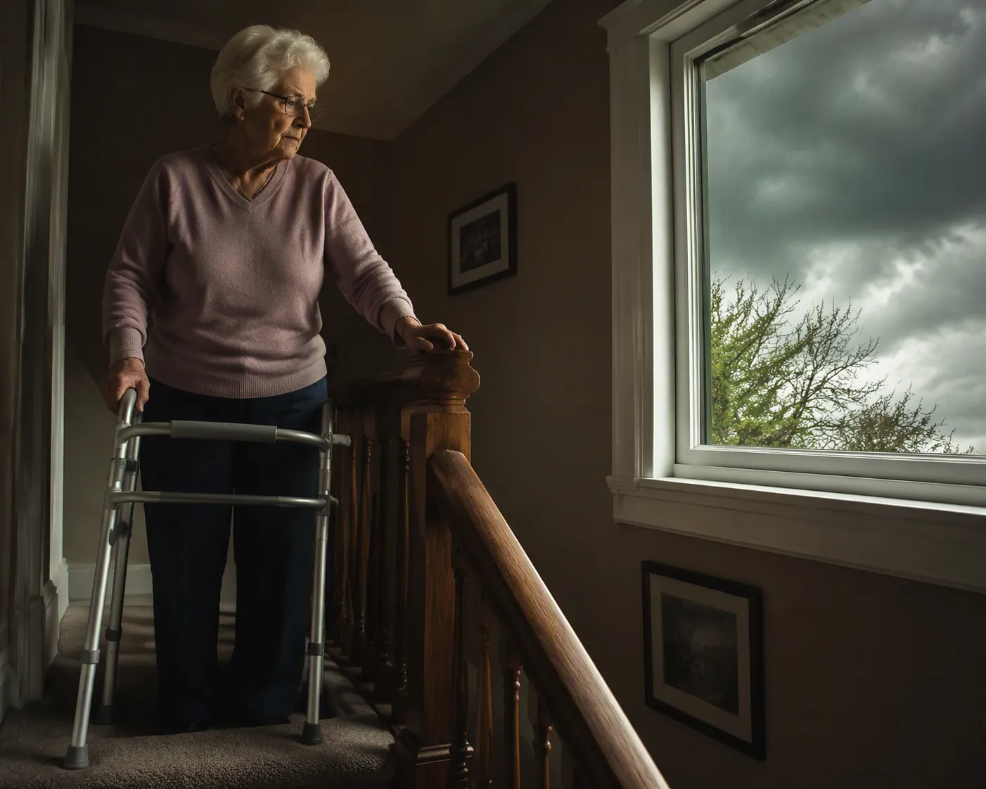 Older adult with a walker pauses calmly at the top of a carpeted staircase during stormy light