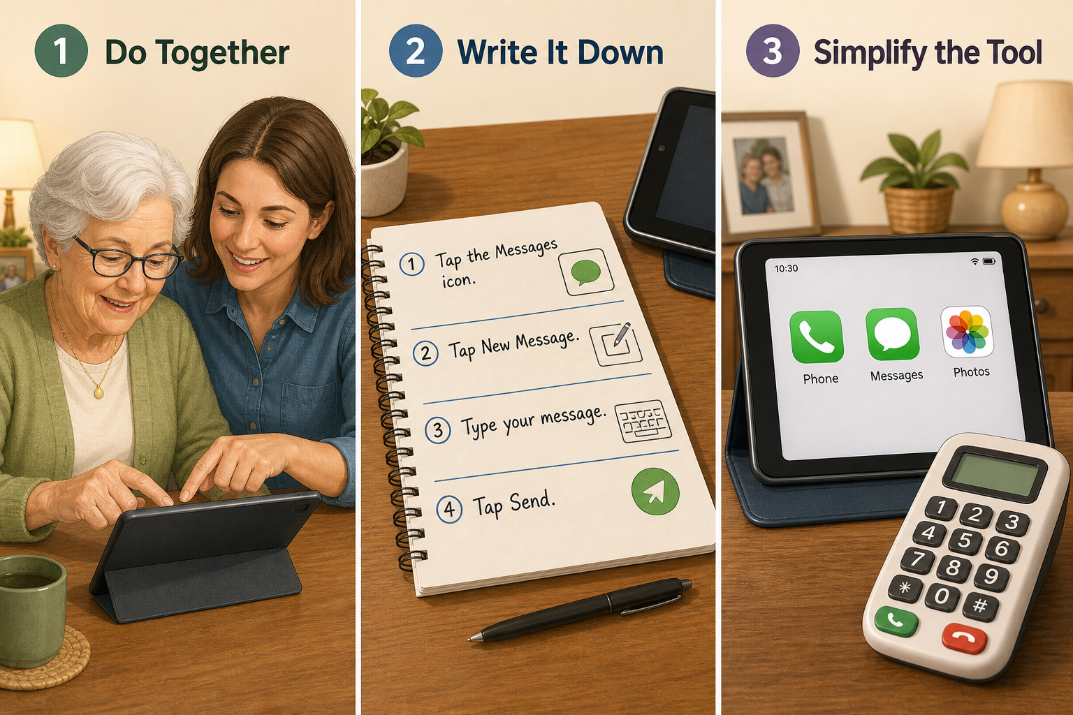 An editorial illustration showing three panels representing the three-phase approach to teaching technology to someone with memory loss. Left panel shows a caregiver and older adult seated together at a table with hands on a tablet. Center panel shows a close-up of handwritten step-by-step numbered instructions on paper. Right panel shows a simplified tablet home screen with three large icons and a large-button landline phone.