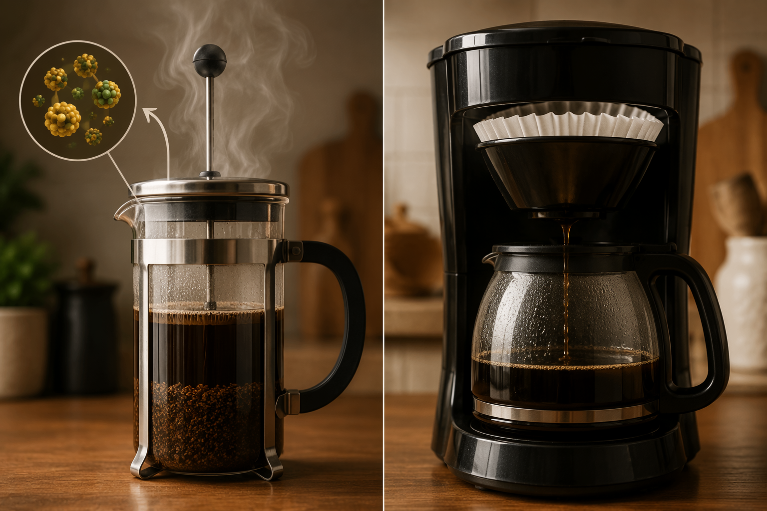 French press coffee compared with drip coffee made through a white paper filter