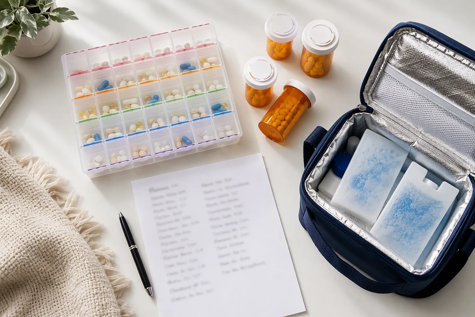 Senior medication emergency system with pill organizer, prescription bottles, medication list, insulated cooler, and chemical ice packs