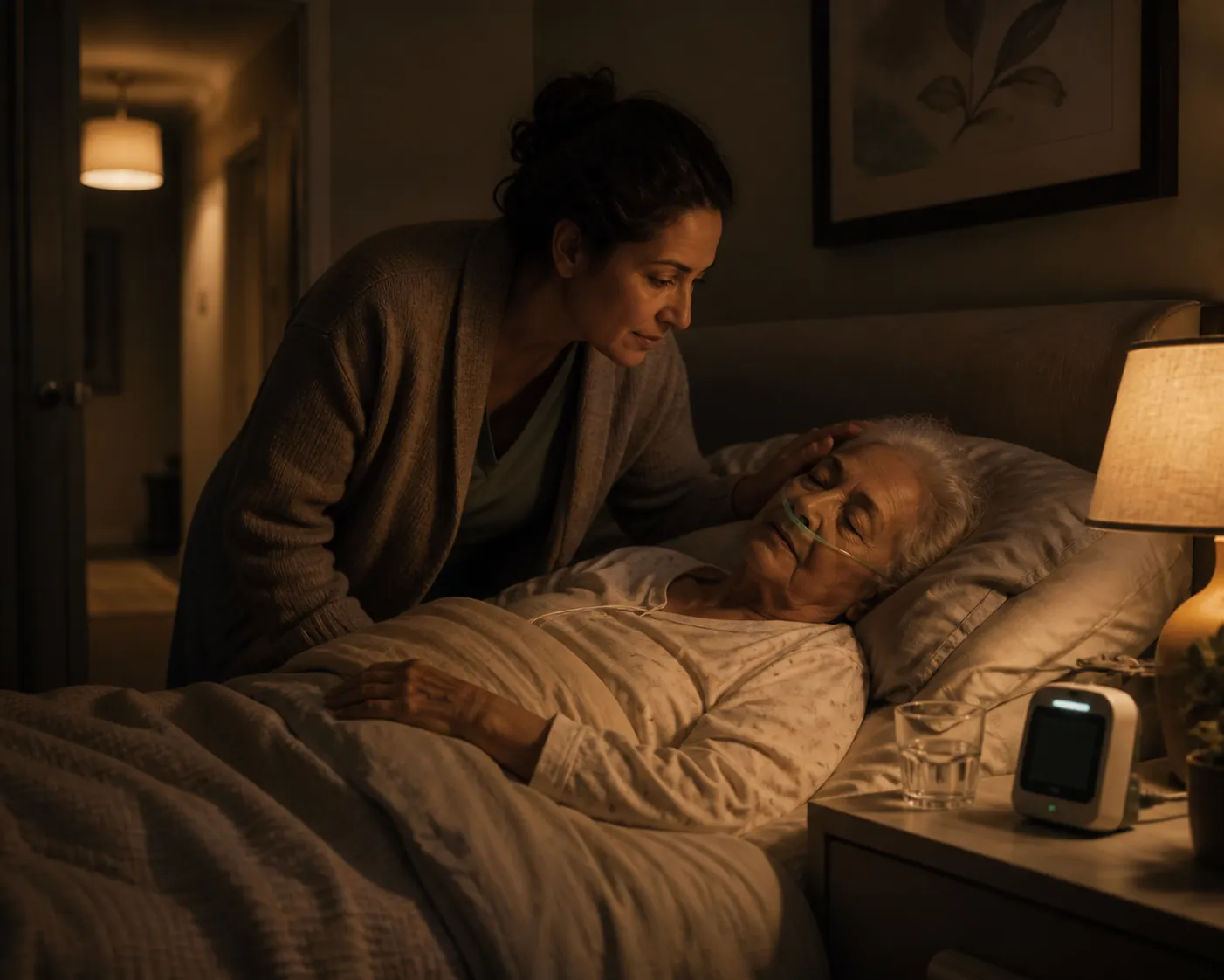 Caregiver checking on an elderly person at night beside a softly glowing breathing monitor