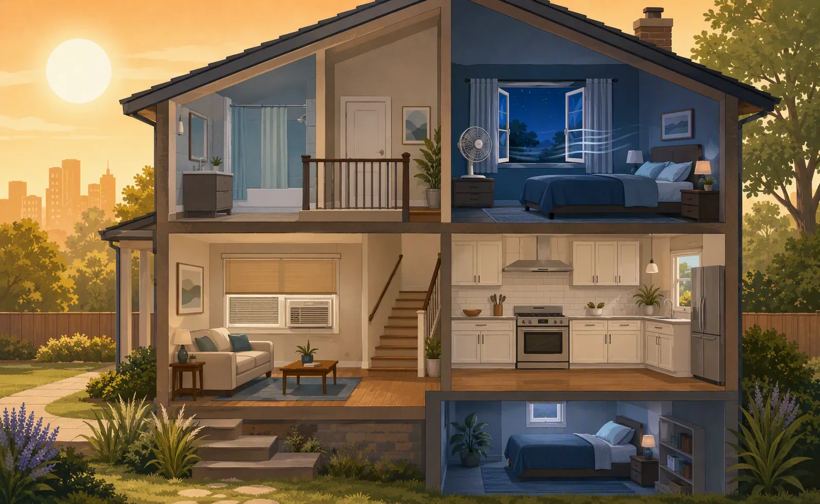 Cutaway illustration of a two-story home showing heat-safety measures in the living room, kitchen, bedroom, and a cooler lower-floor sleeping area