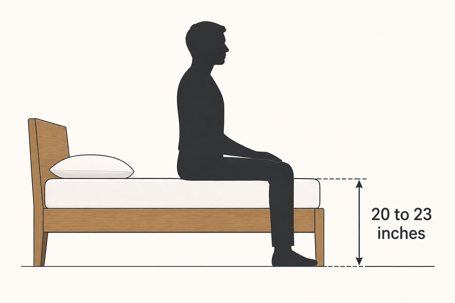 A side-profile illustration of a person sitting on the edge of a bed with feet flat on the floor and knees at 90 degrees, with a measurement arrow indicating the 20–23 inch recommended bed height from floor to mattress top.