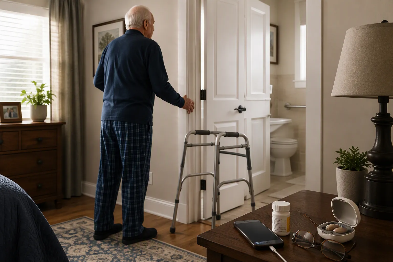 A senior’s interior bathroom shelter area prepared with a walker, medication bottle, hearing aid case, reading glasses, and smartphone nearby.