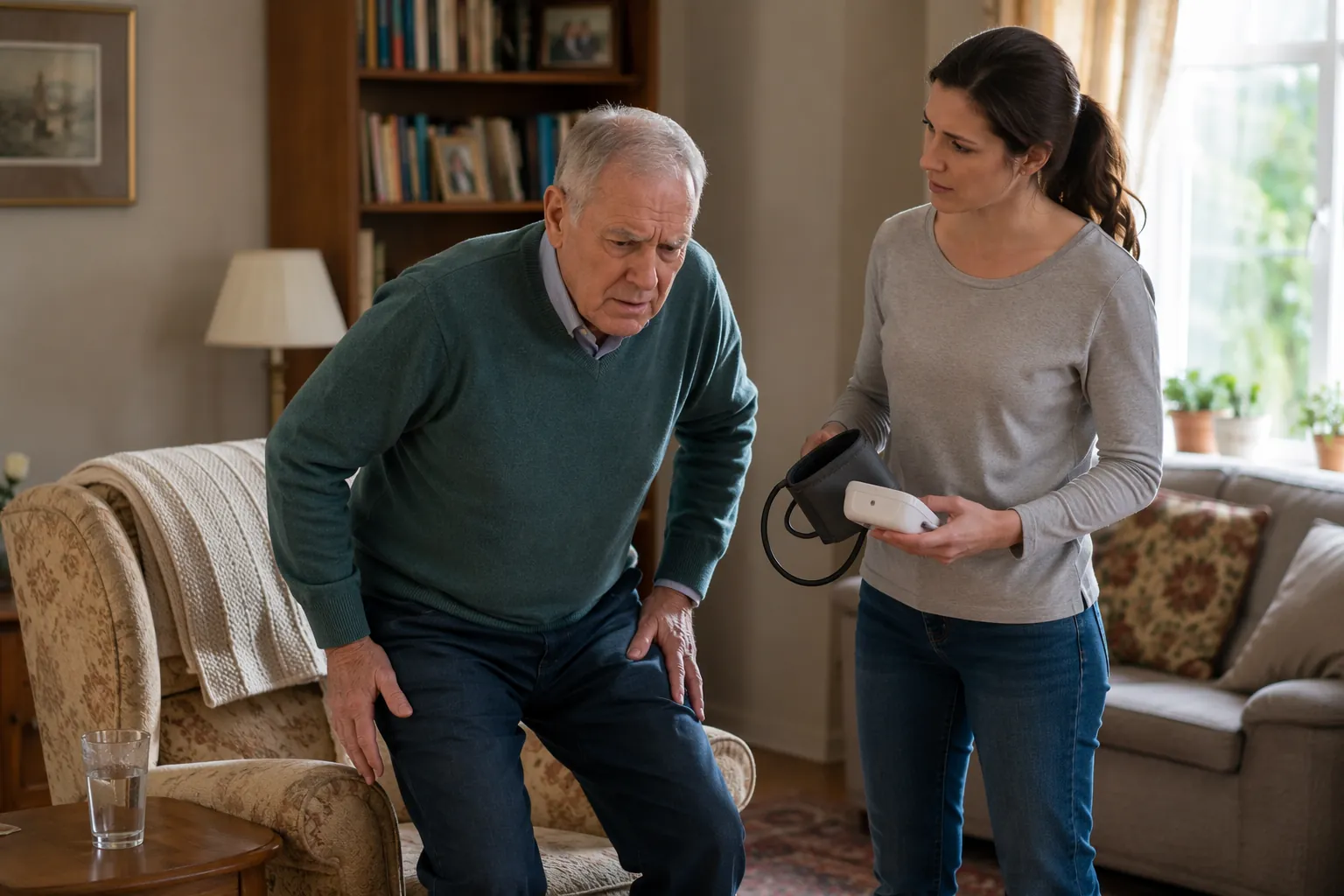 Older man rising from an armchair while a younger woman watches with a blood pressure monitor nearby