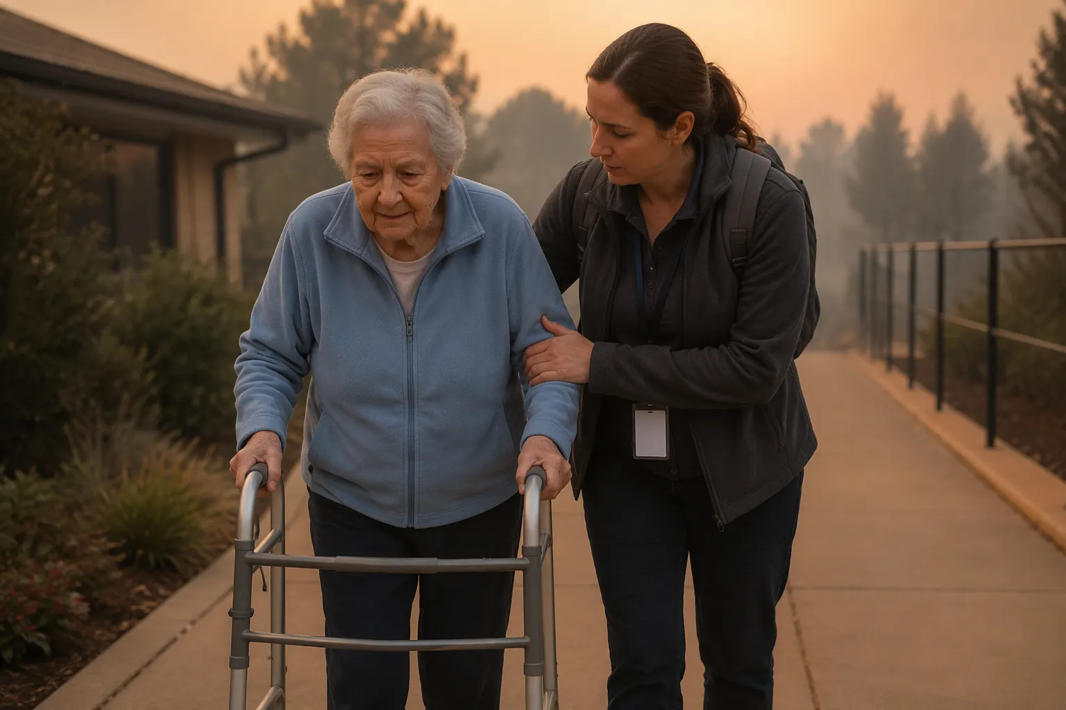 An older adult using a walker with caregiver support on a clear outdoor evacuation path in smoky twilight conditions