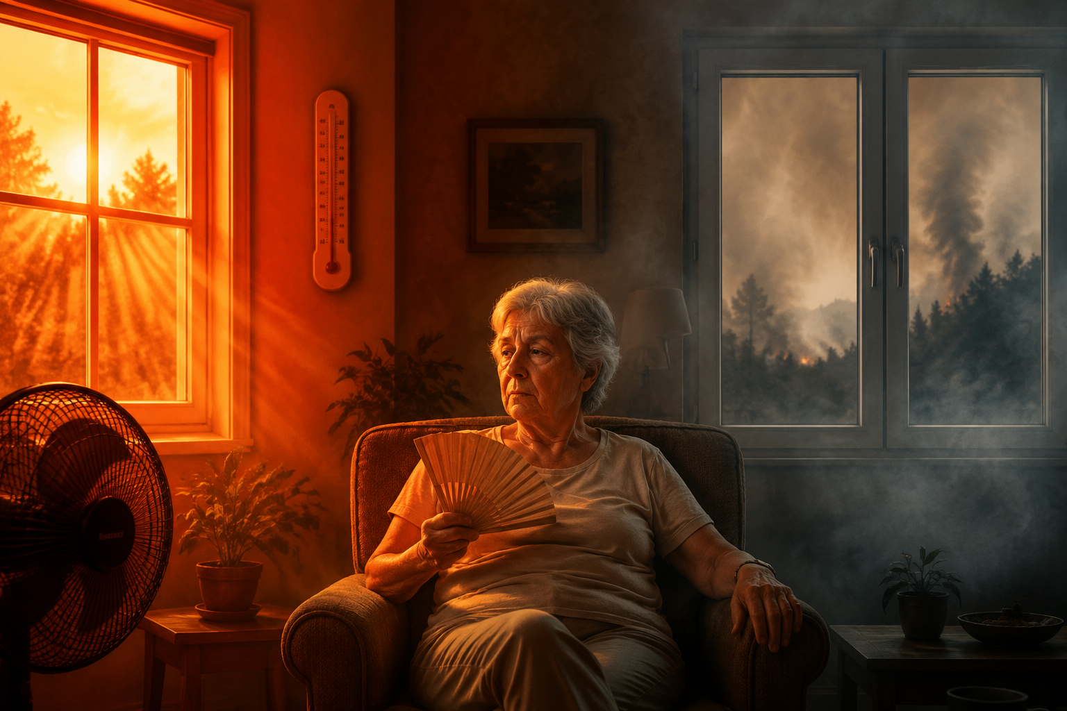 Older adult in a warm, smoky living room during wildfire smoke and heat