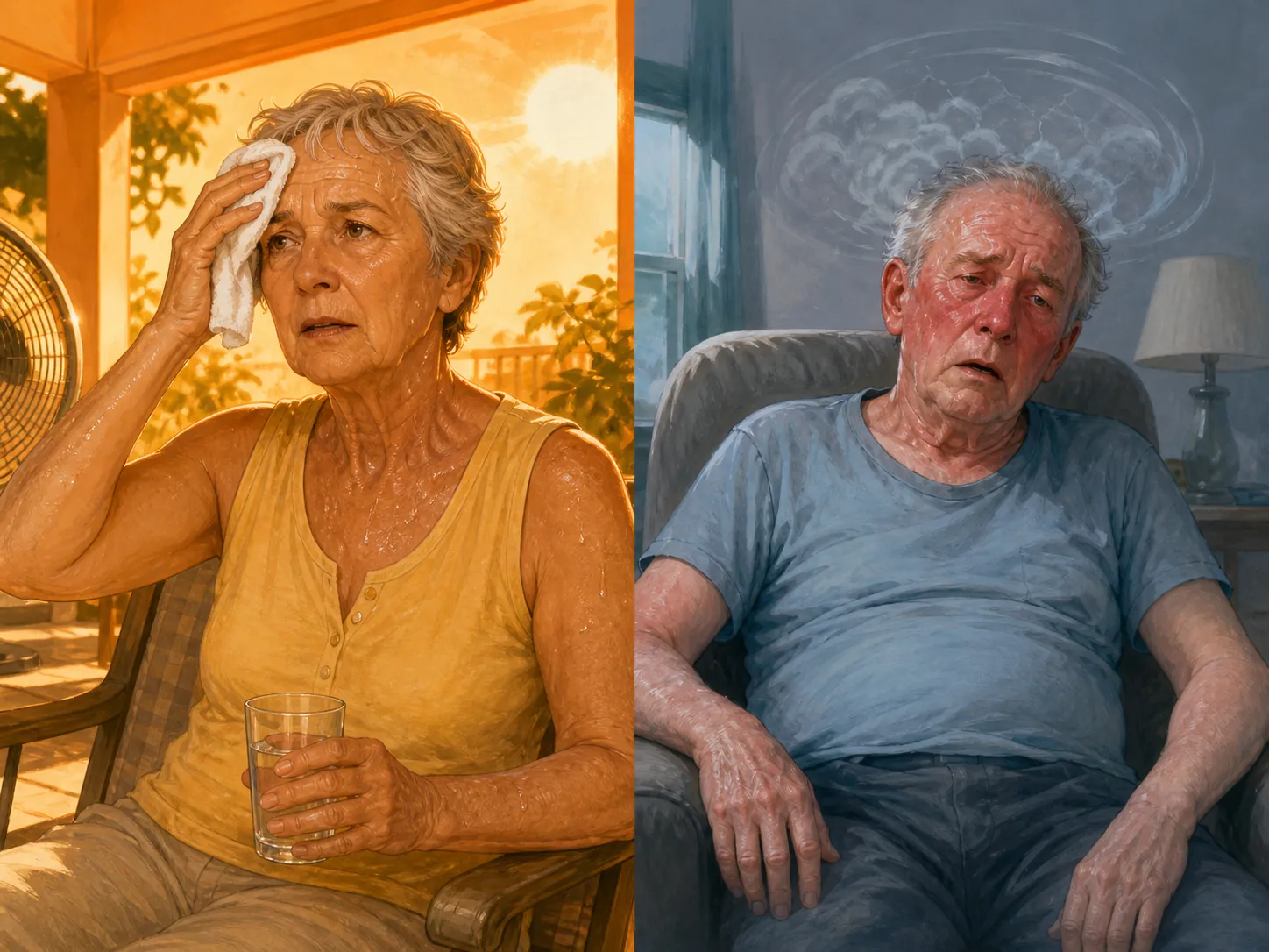 Illustration comparing an alert older adult with heat exhaustion and a confused slumped older adult with heat stroke