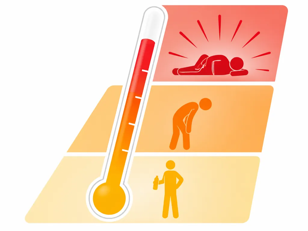 Thermometer illustration showing progressive heat illness stages