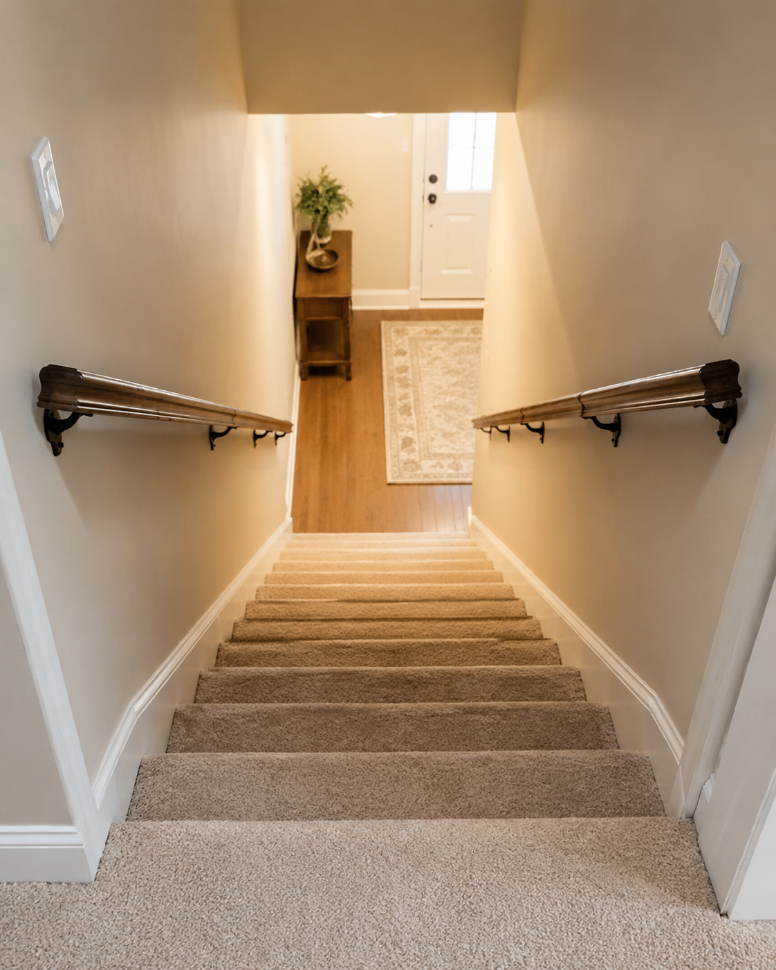 Well-lit staircase with sturdy handrails on both sides and clear steps