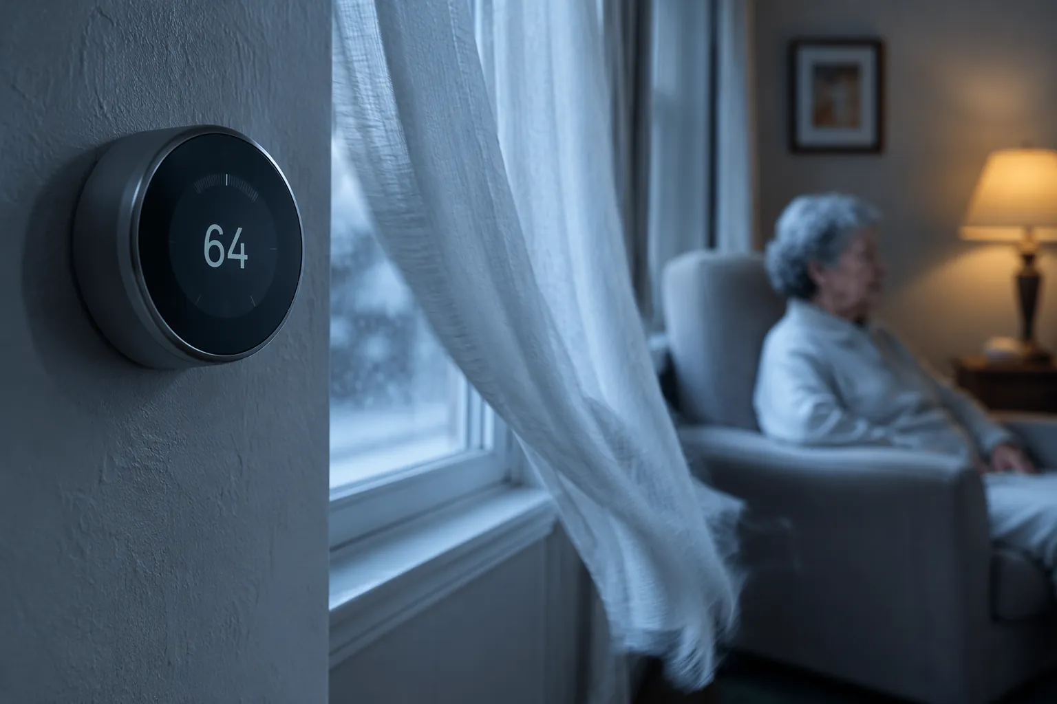 Thermostat set to 64 degrees Fahrenheit near a drafty window while an older adult sits nearby