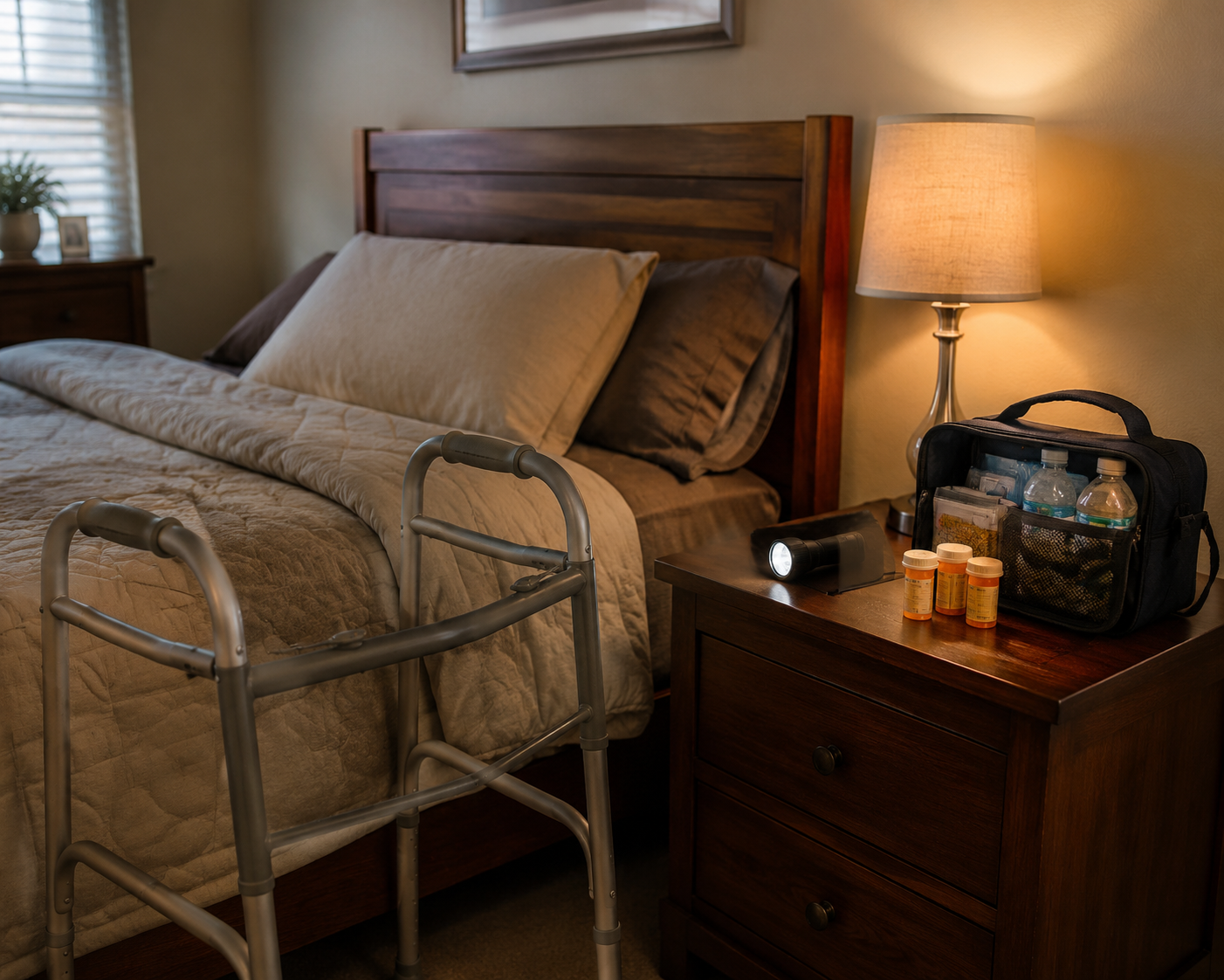 Bedroom prepared with walker, emergency bag, flashlight, and medication on the nightstand