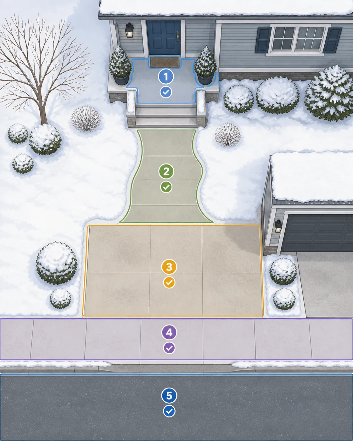 Schematic of a home entry route from front door to steps, walkway, driveway, and street