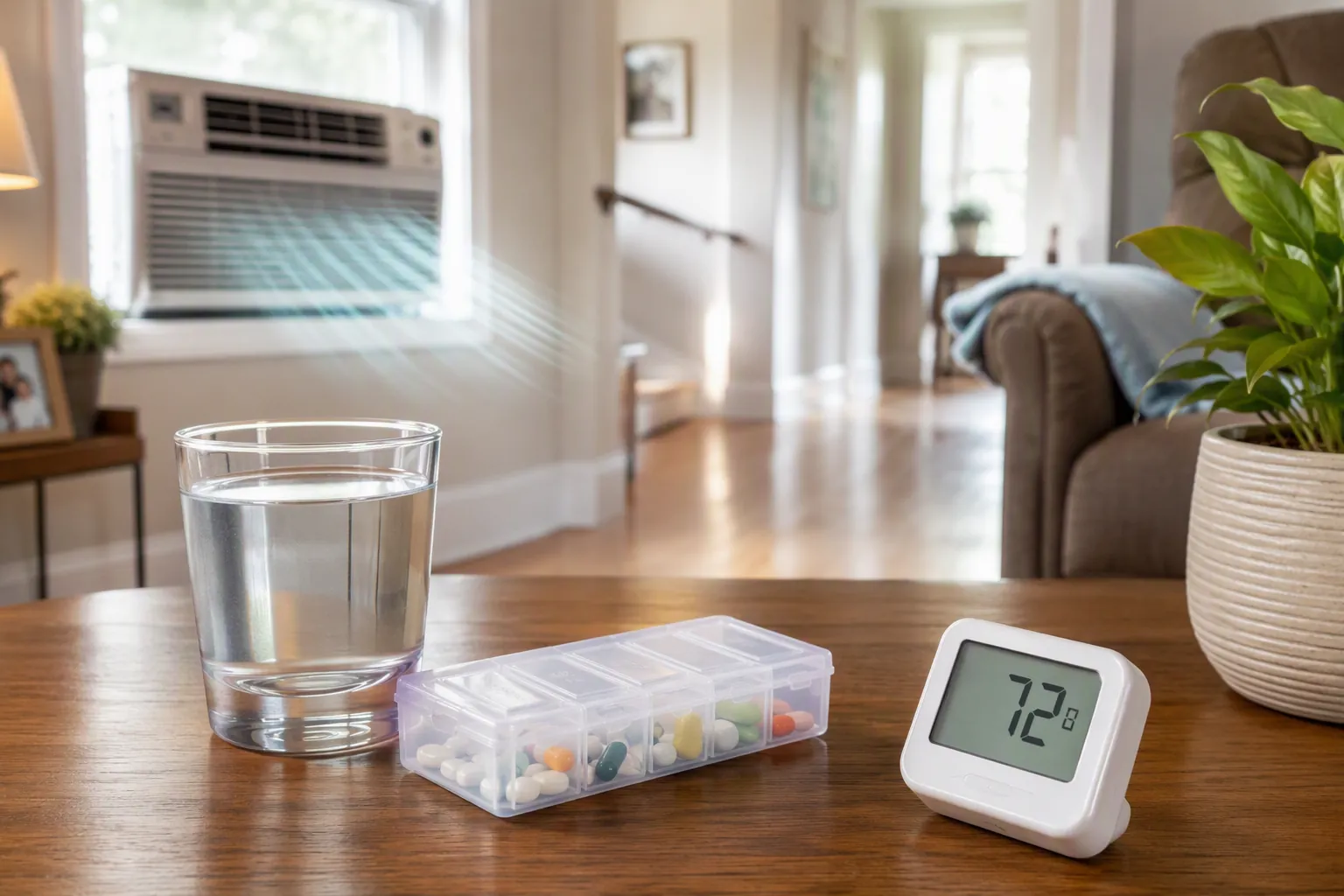 Prepared older adult home with air conditioning, water, pill organizer, thermometer, and a clear walking path