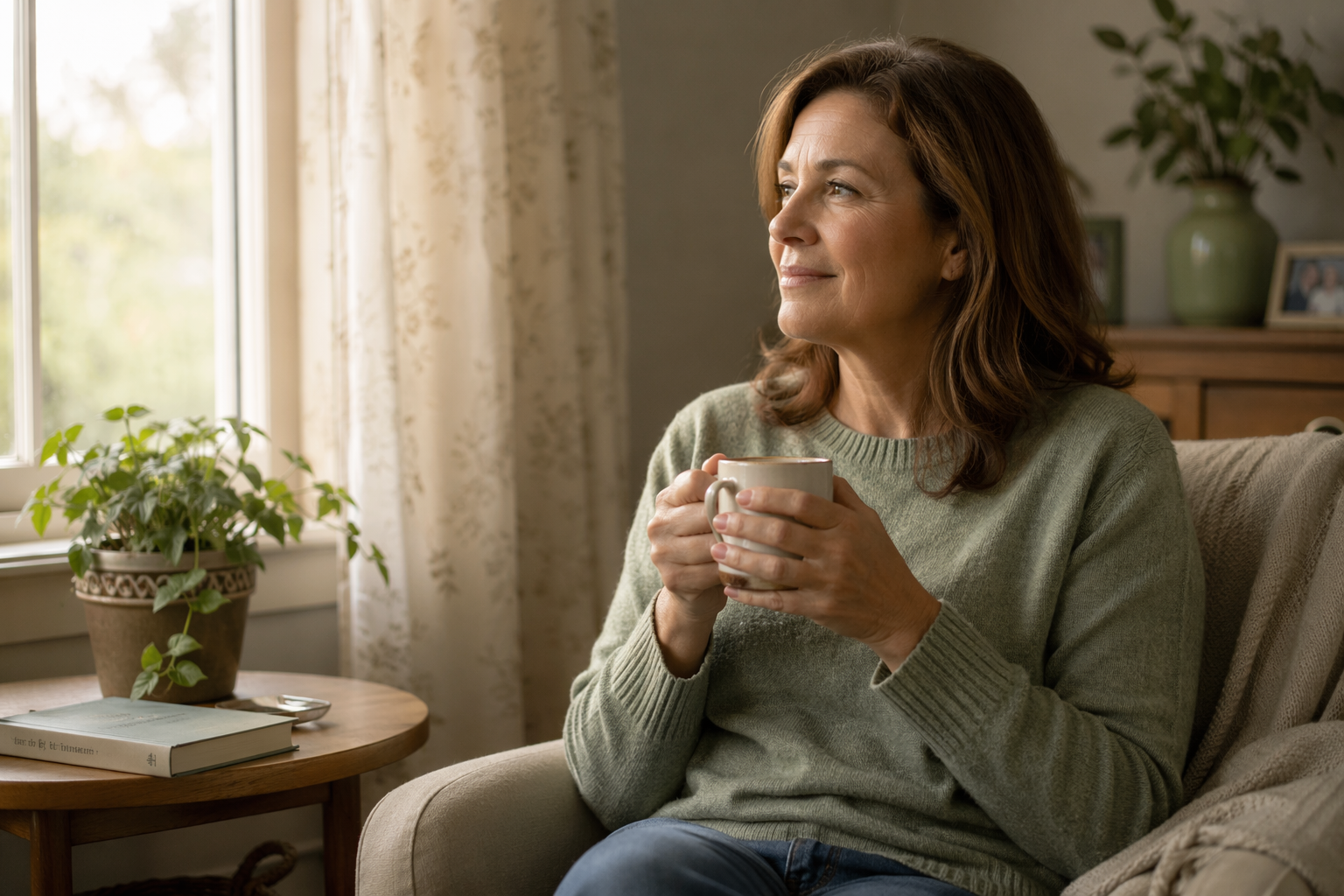 A woman in her late 40s or early 50s sits alone in a calm sunlit room, holding a warm mug of tea with both hands, looking out a window with a peaceful, reflective expression. She wears a soft sweater. A houseplant and a book sit on a side table. Natural daylight fills the room.