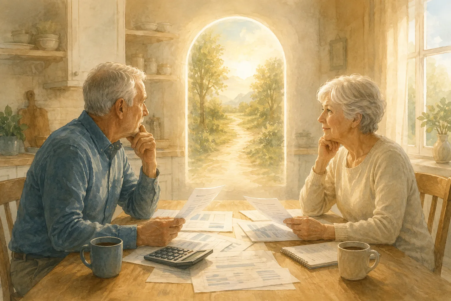 Retired couple reviewing financial papers at a kitchen table beneath a glowing opportunity window