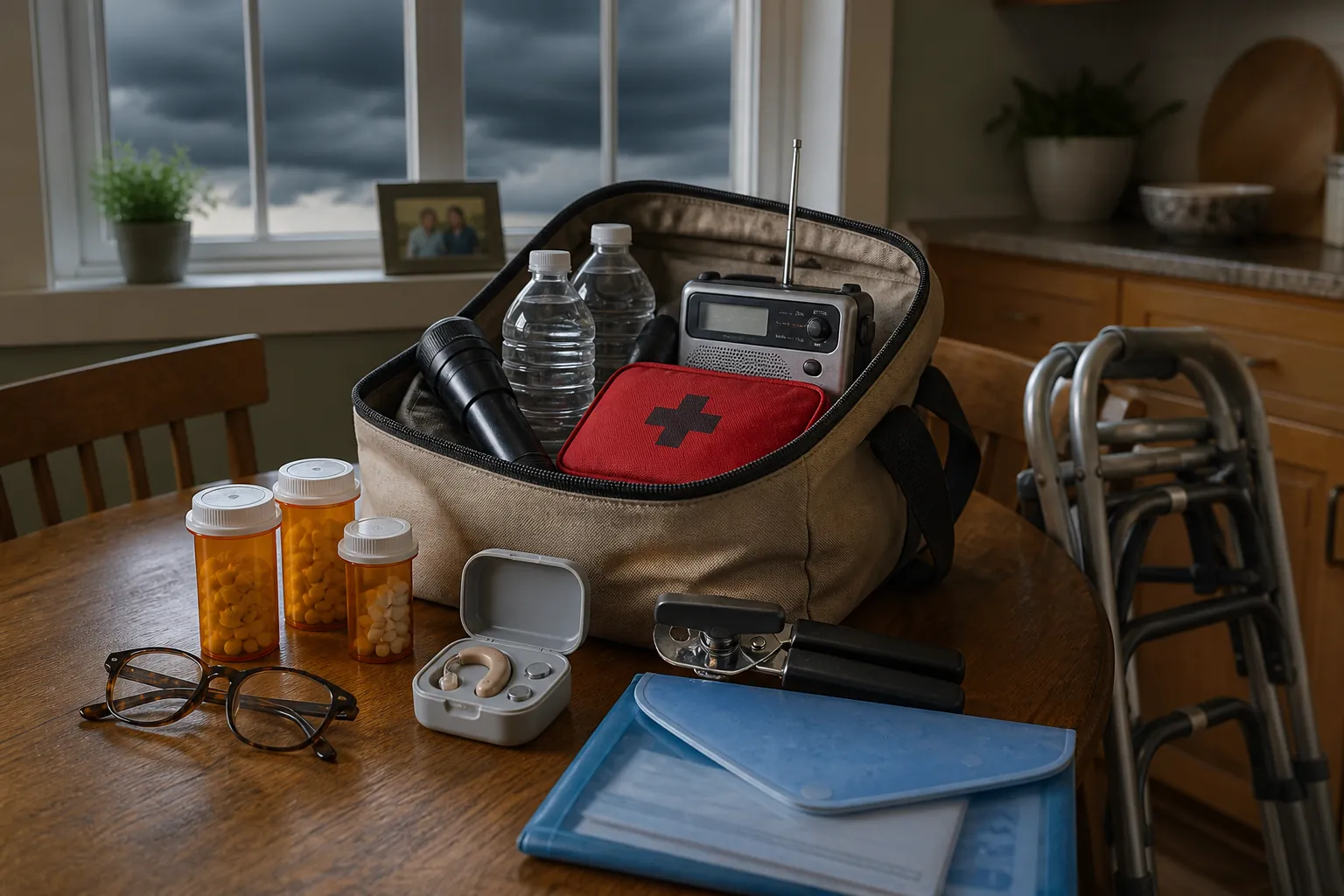 Emergency kit for an older adult with water, flashlight, weather radio, first-aid supplies, medication bottles, reading glasses, hearing-aid case, waterproof document folder, and walker near a stormy window
