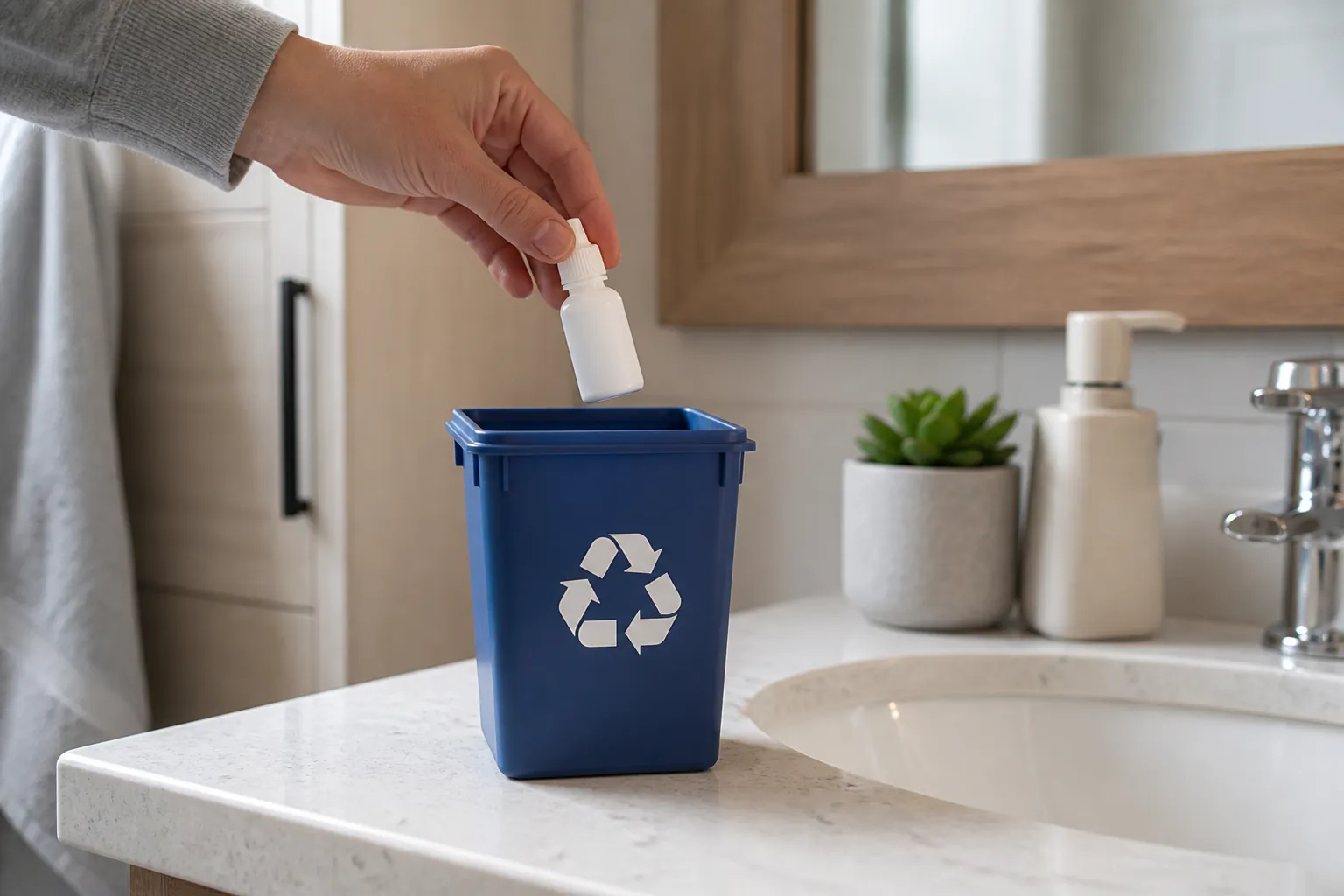 Hand placing an eye-drop bottle into a bin on a bathroom counter