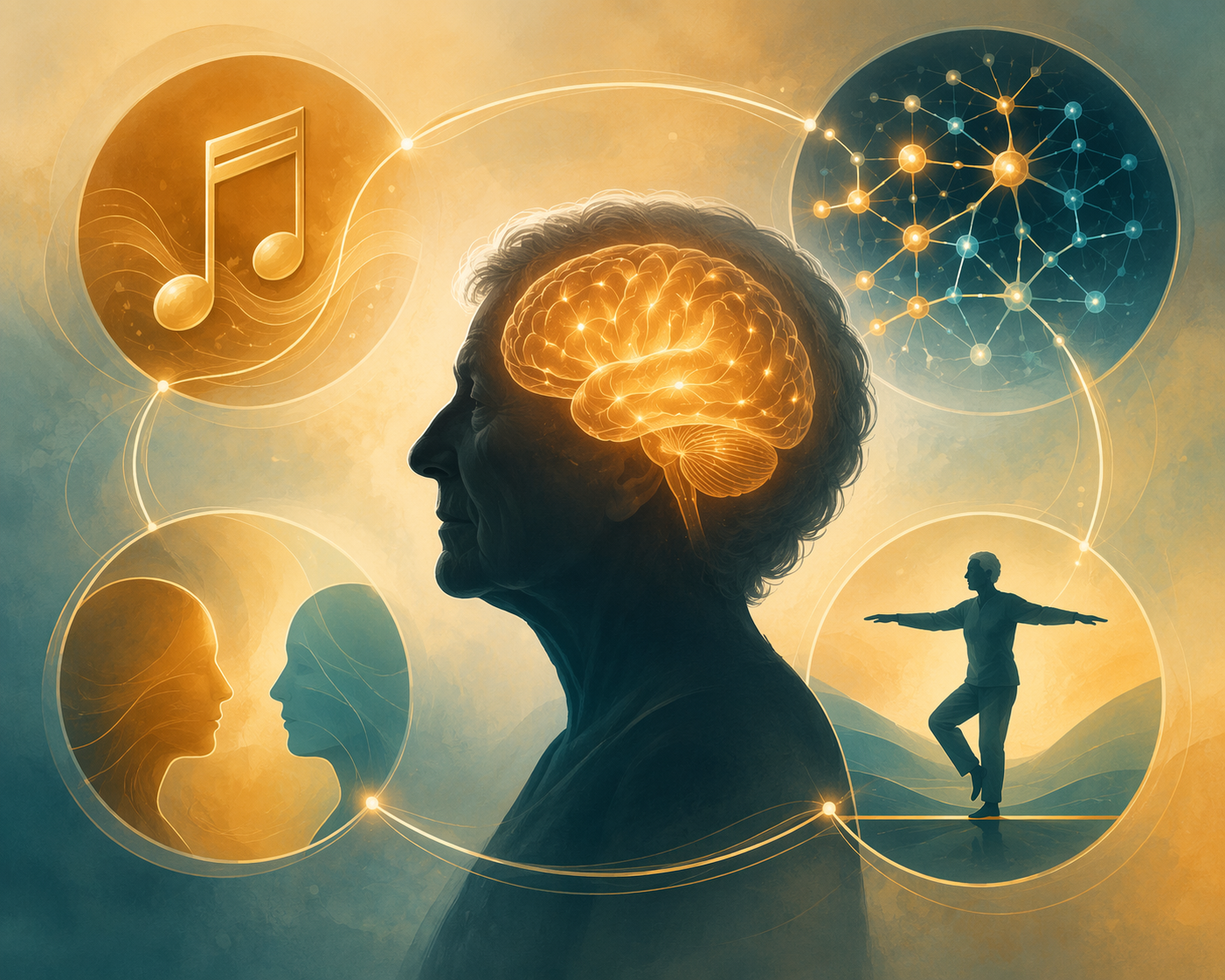 Illustration of a glowing senior brain connected to rhythm, motor sequencing, social interaction, and balance