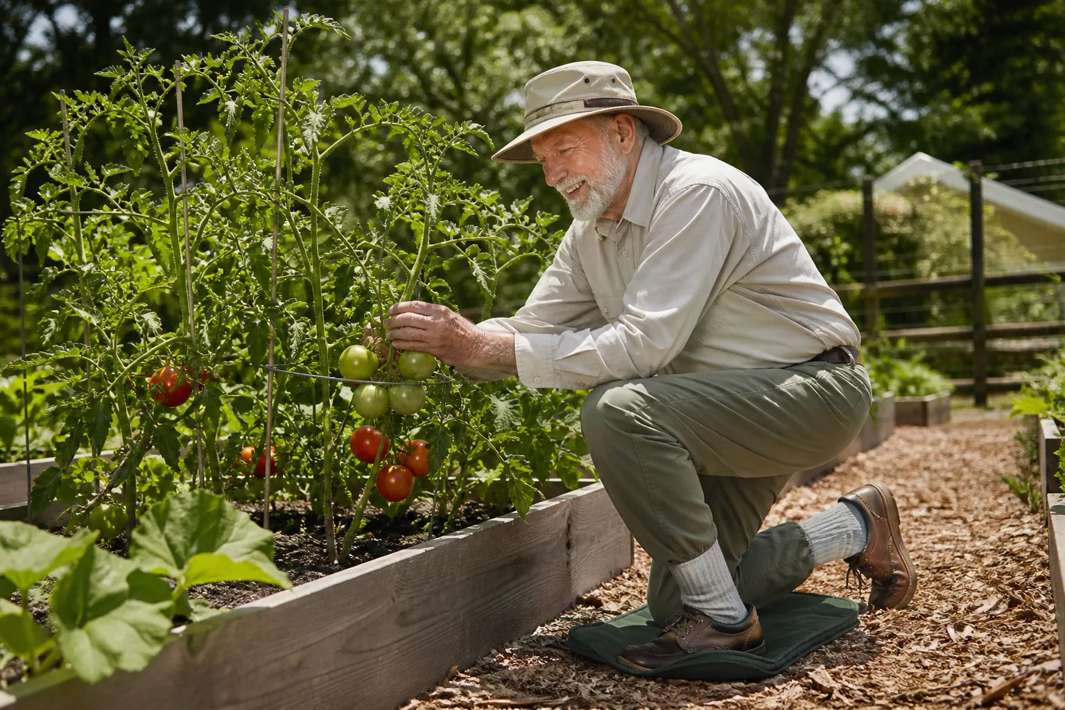 Older man gardening in long sleeves, tucked socks, and a wide-brimmed hat