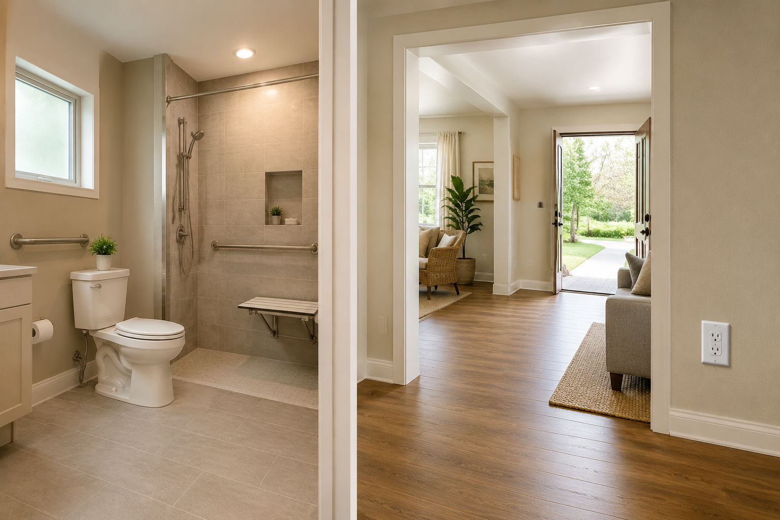 Bathroom and living area showing grab bars, walk-in shower, wide doorways, step-free entry, and raised outlet