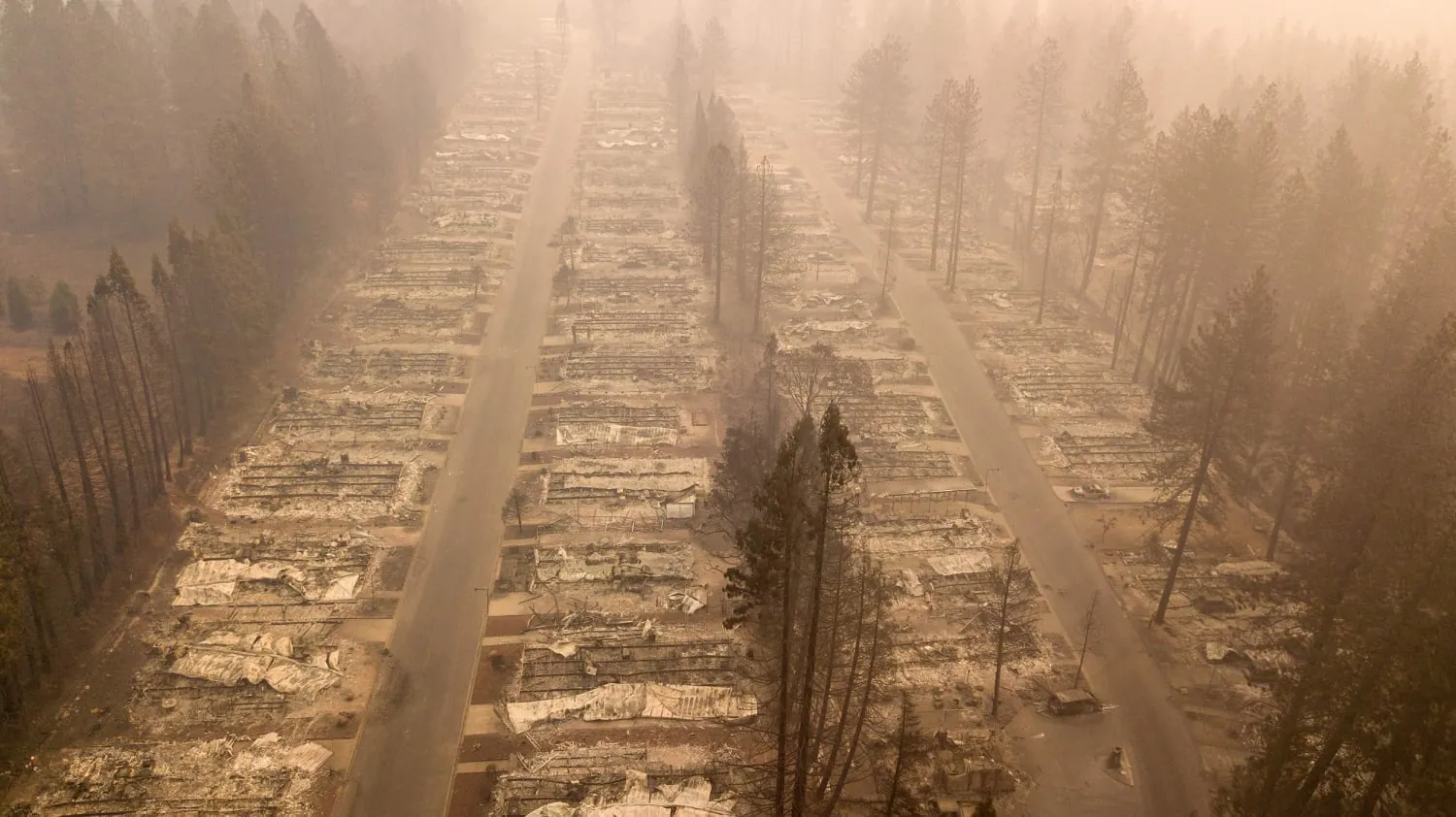 Aerial view of Paradise homes destroyed by the 2018 Camp Fire