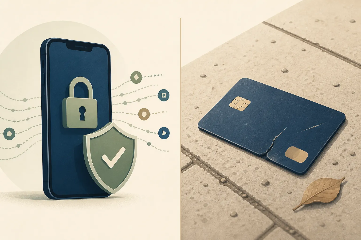 Illustration comparing a locked smartphone with token streams to a damaged credit card on pavement