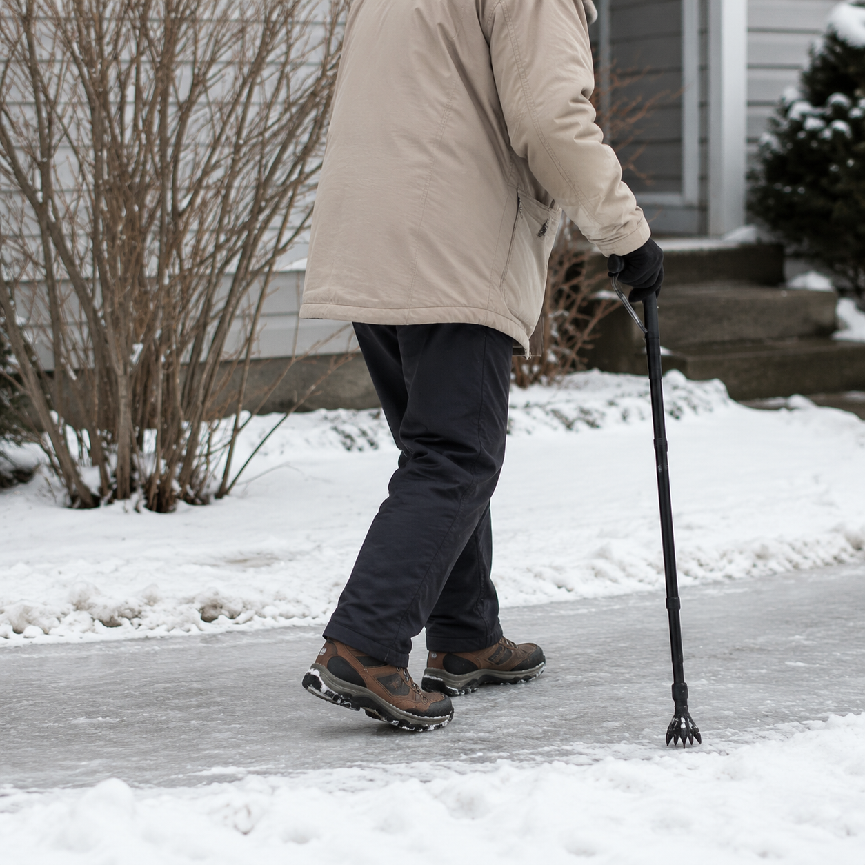 Older adult using short flat-footed penguin steps on a snowy path with a cane ice-gripper tip and non-slip winter boots