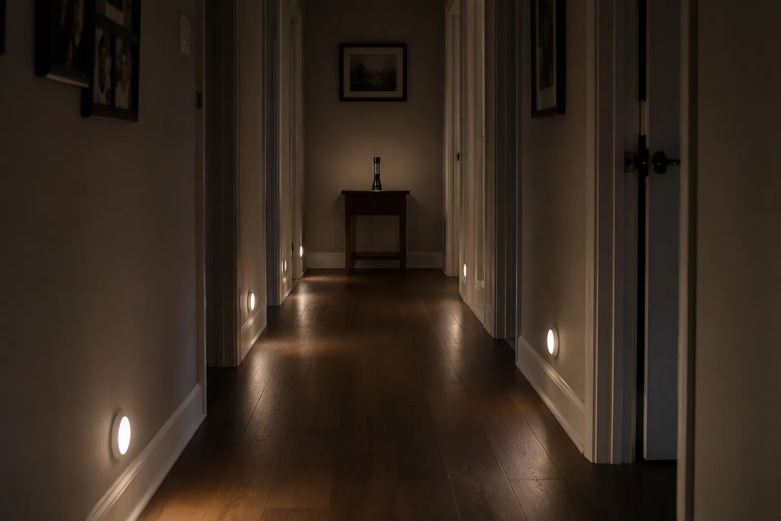 Clear dim hallway with battery-powered nightlights along the baseboard and no rugs, cords, or obstacles