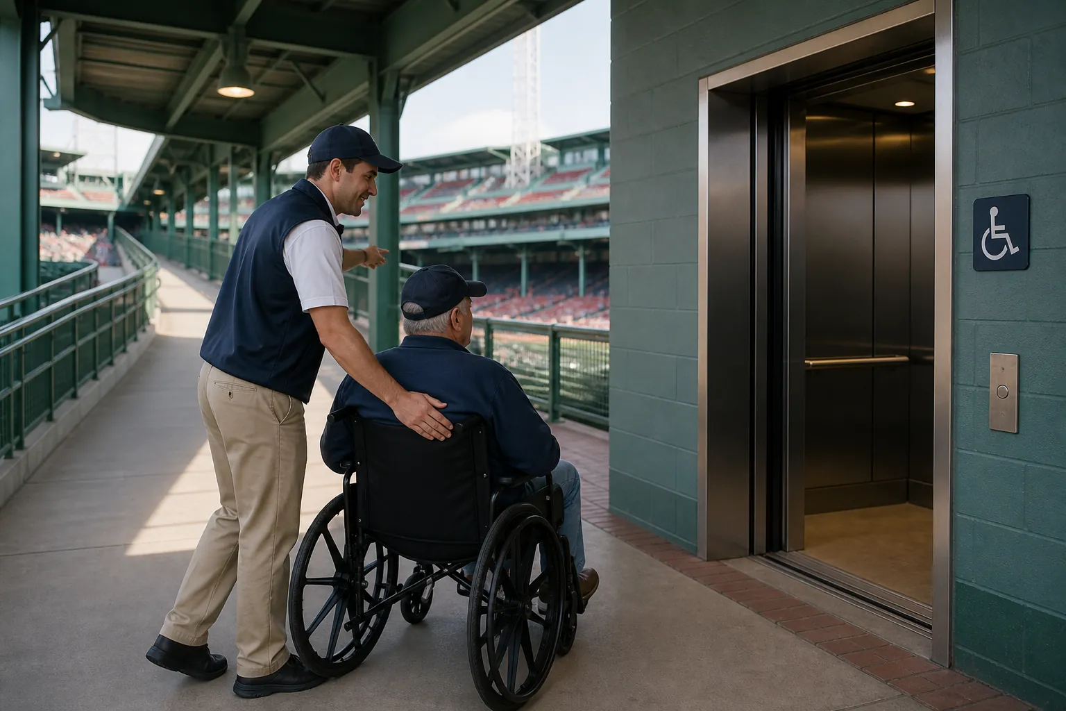 Ballpark staff member guiding an older adult in a wheelchair toward an elevator