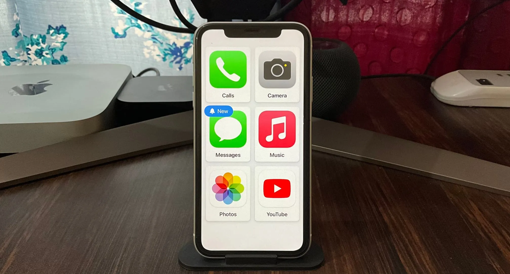 iPhone showing Assistive Access with large circular app tiles