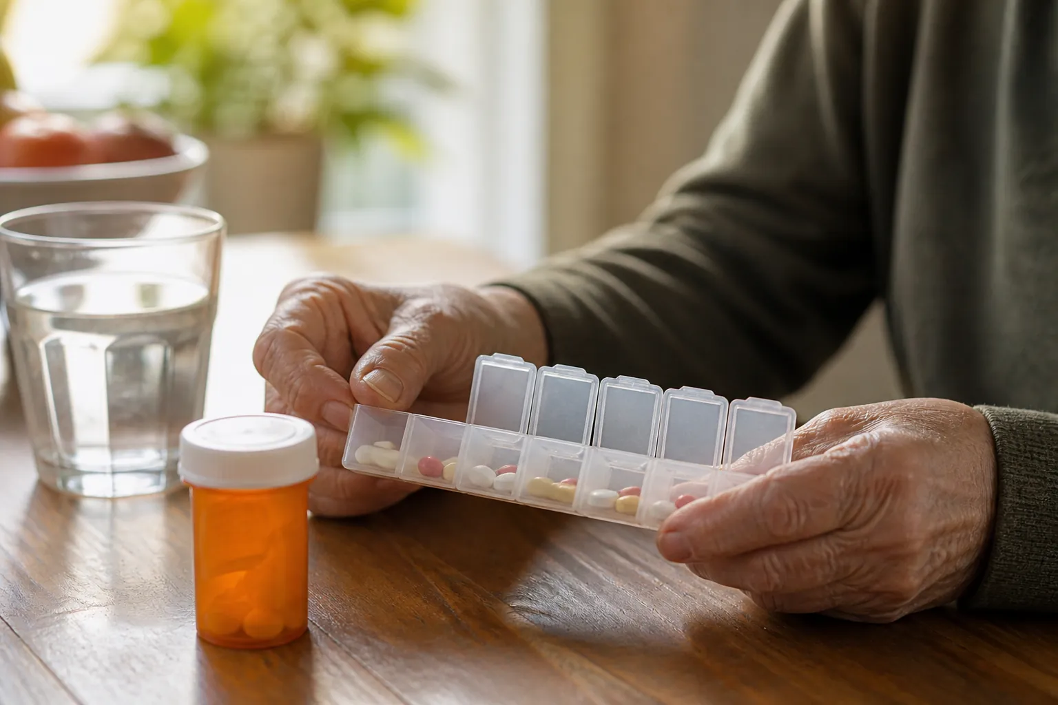 Older adult hands holding an open weekly pill organizer beside a prescription bottle and glass of water