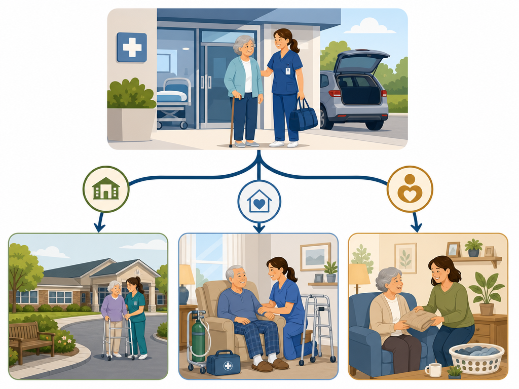 A decision-pathway illustration showing three branches after a hospital discharge scene: one leading to a skilled nursing facility, one to a home with a home health aide, and one to a home with a non-medical caregiver.
