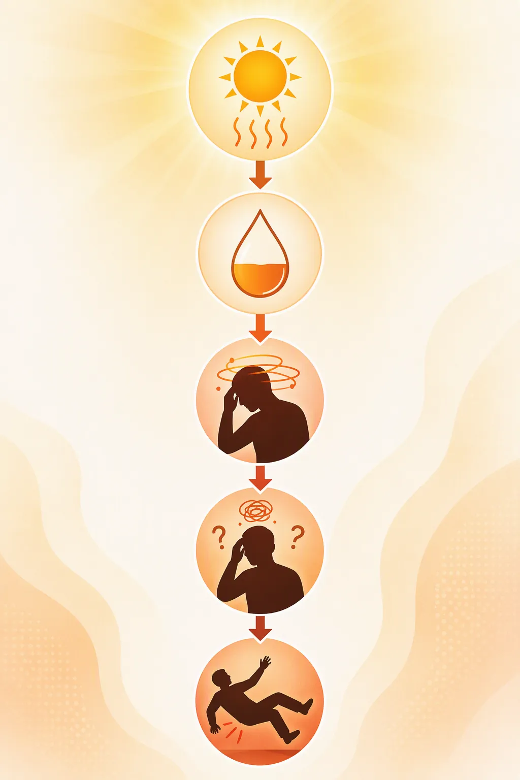 Infographic showing heat leading to dehydration, dizziness, confusion, and a fall