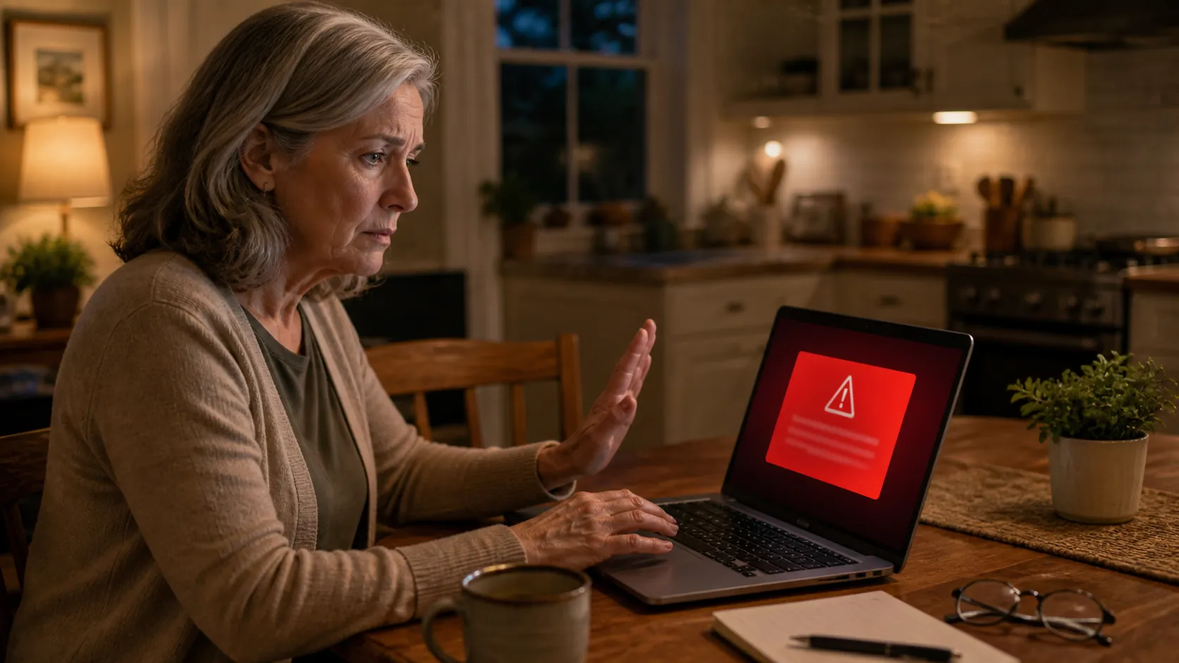 Older woman pausing at a laptop while a warning alert glows on the screen