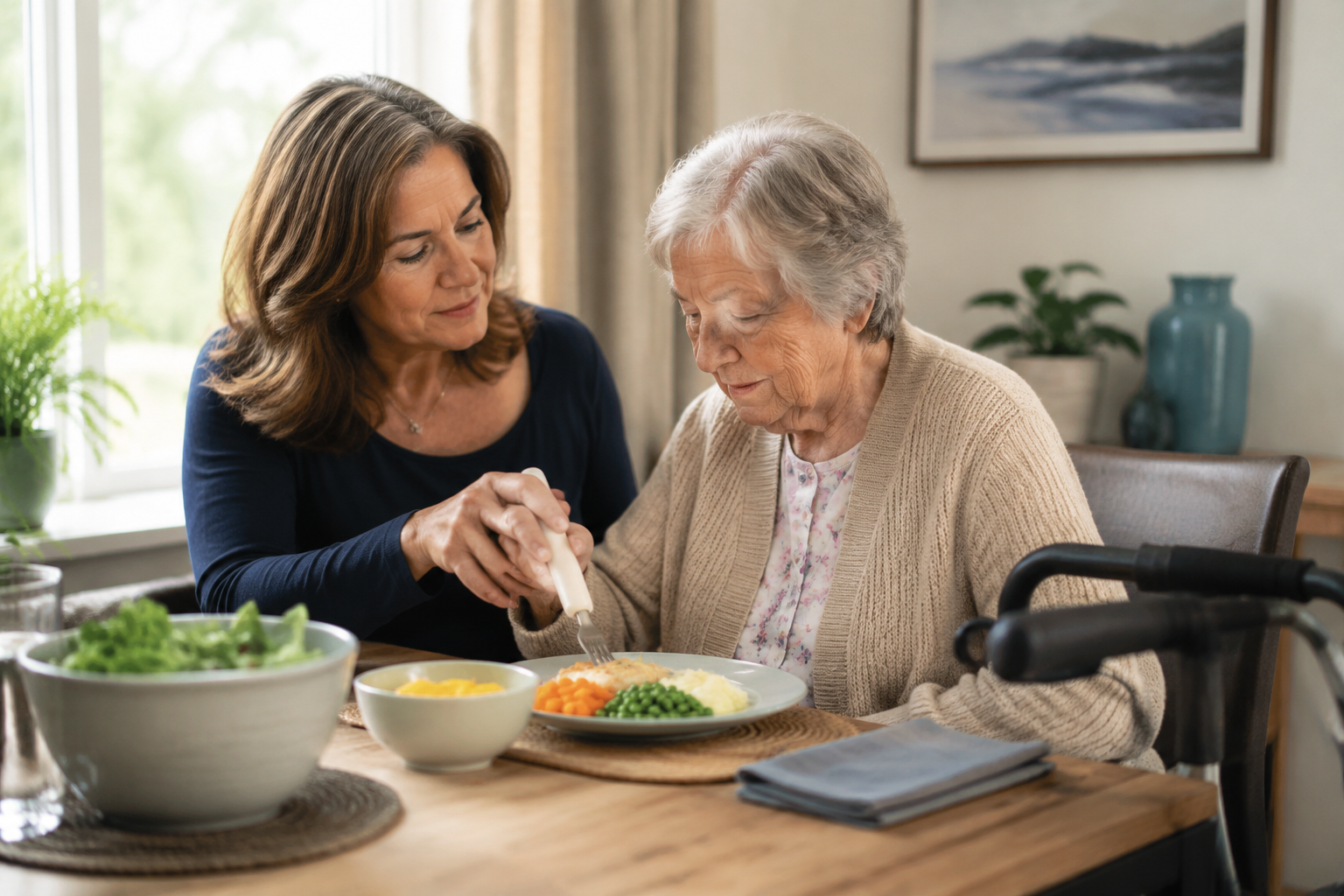 A daughter assists an elderly loved one at a dining table with adaptive utensils while a walker stands nearby