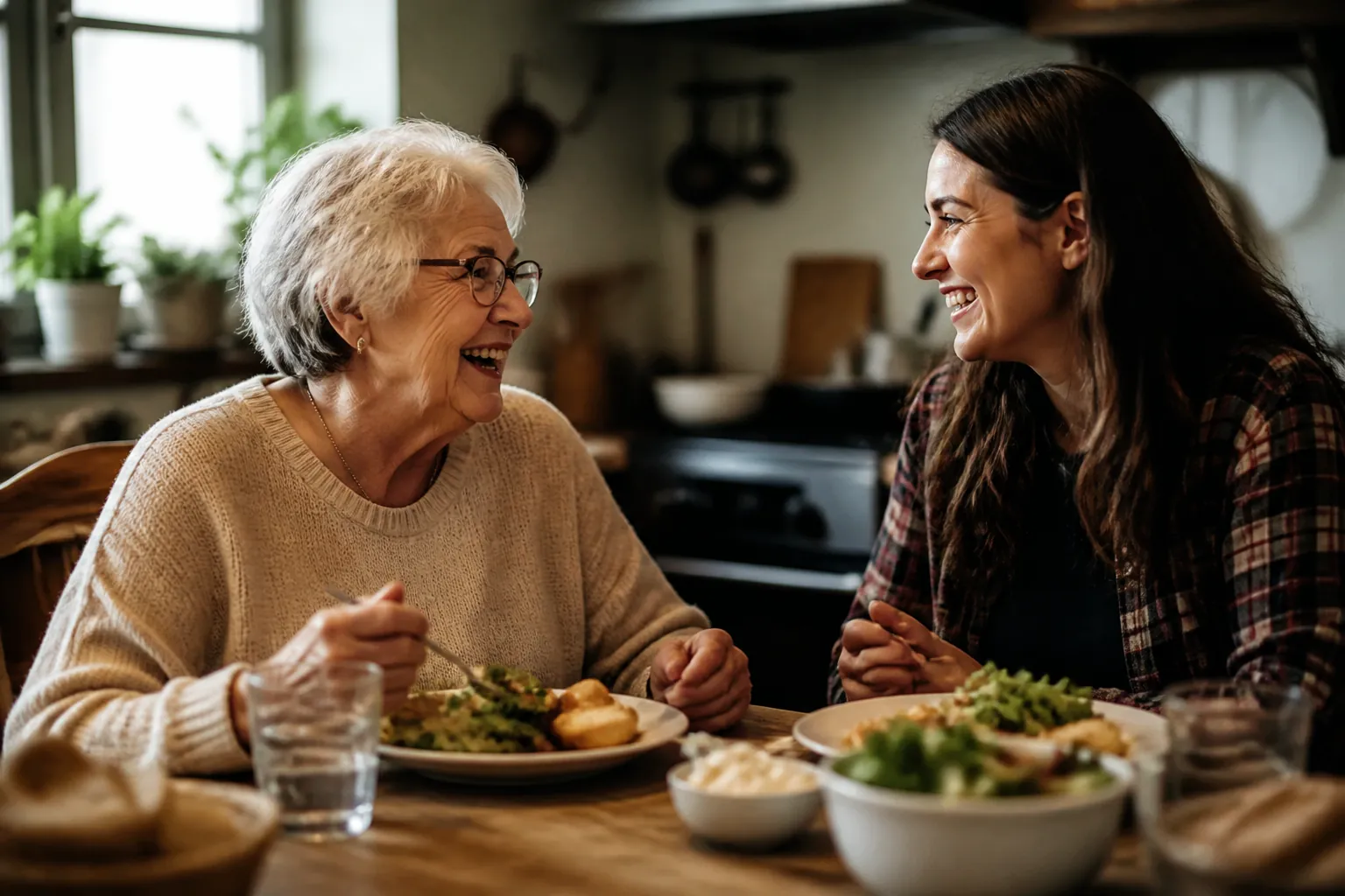 Older adult and adult family member sharing a meal and conversation at a kitchen table